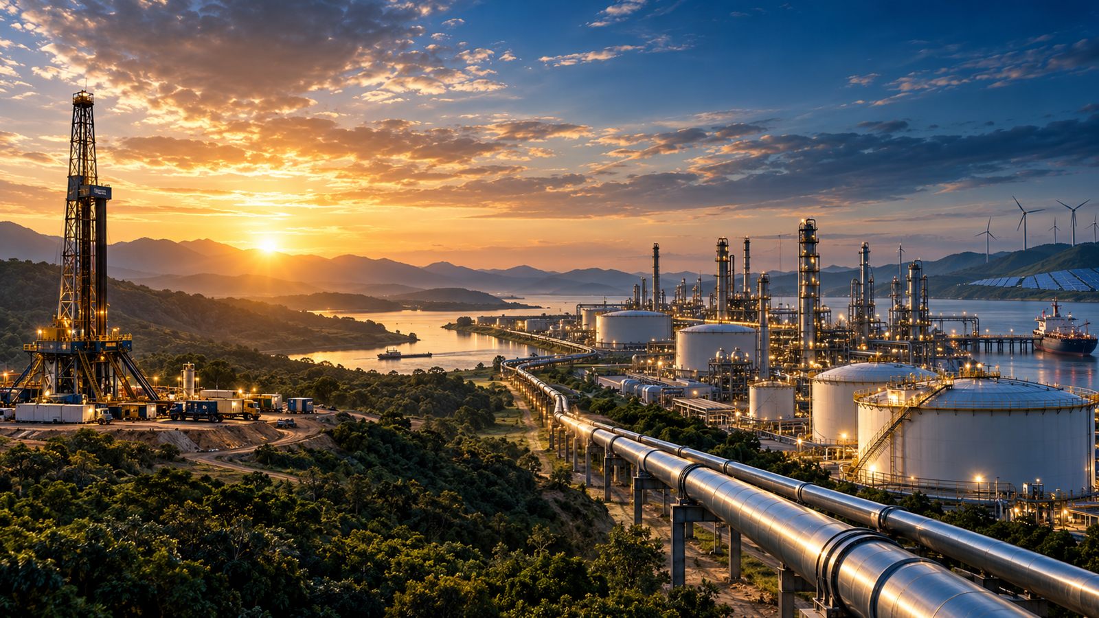 Taladro de perforación, ductos, planta de proceso, tanques de almacenamiento y parque eólico al atardecer