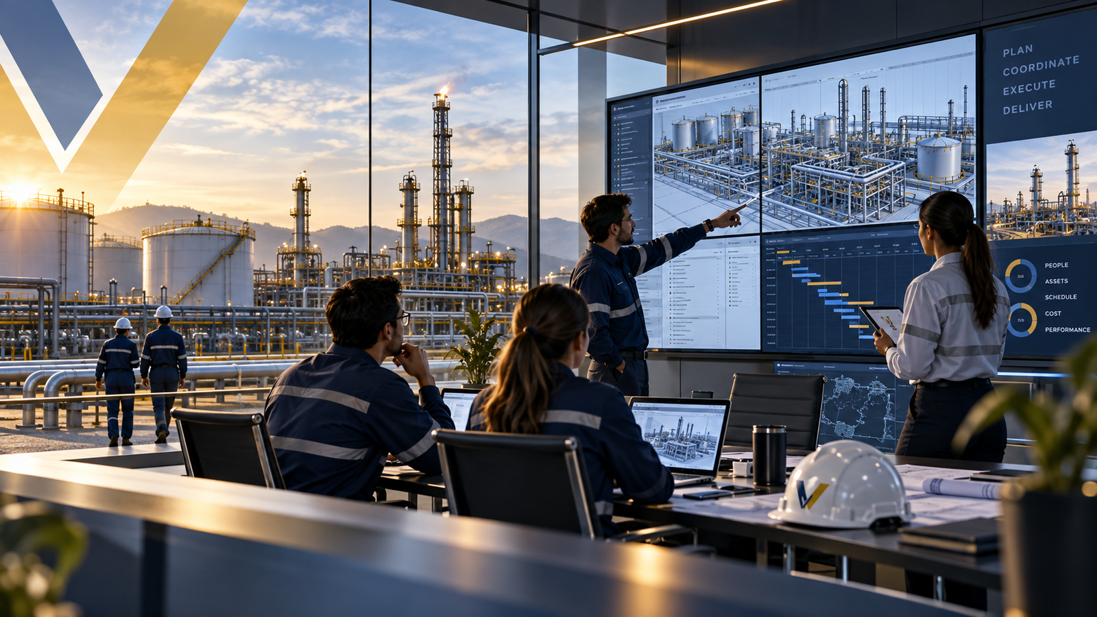 Equipo de VANTIA planificando un proyecto de facilidades en una sala de control