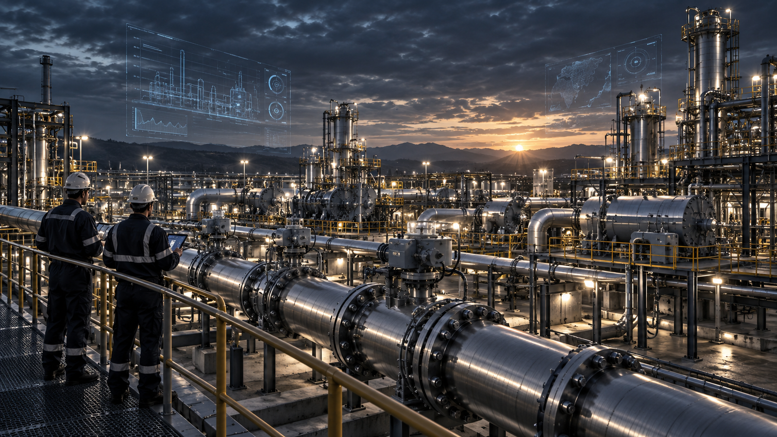 Tanques de almacenamiento e infraestructura energética al atardecer